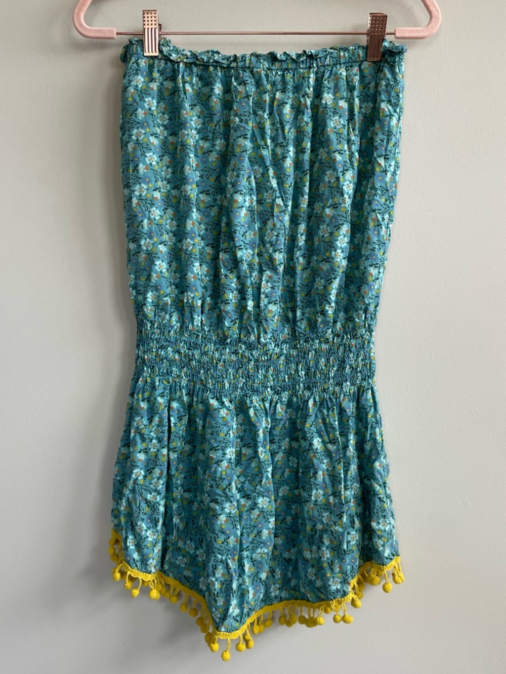 NATURAL LIFE Aqua Floral Strapless Tunic Tube Top Yellow Pom Trim Hem Mini Dress